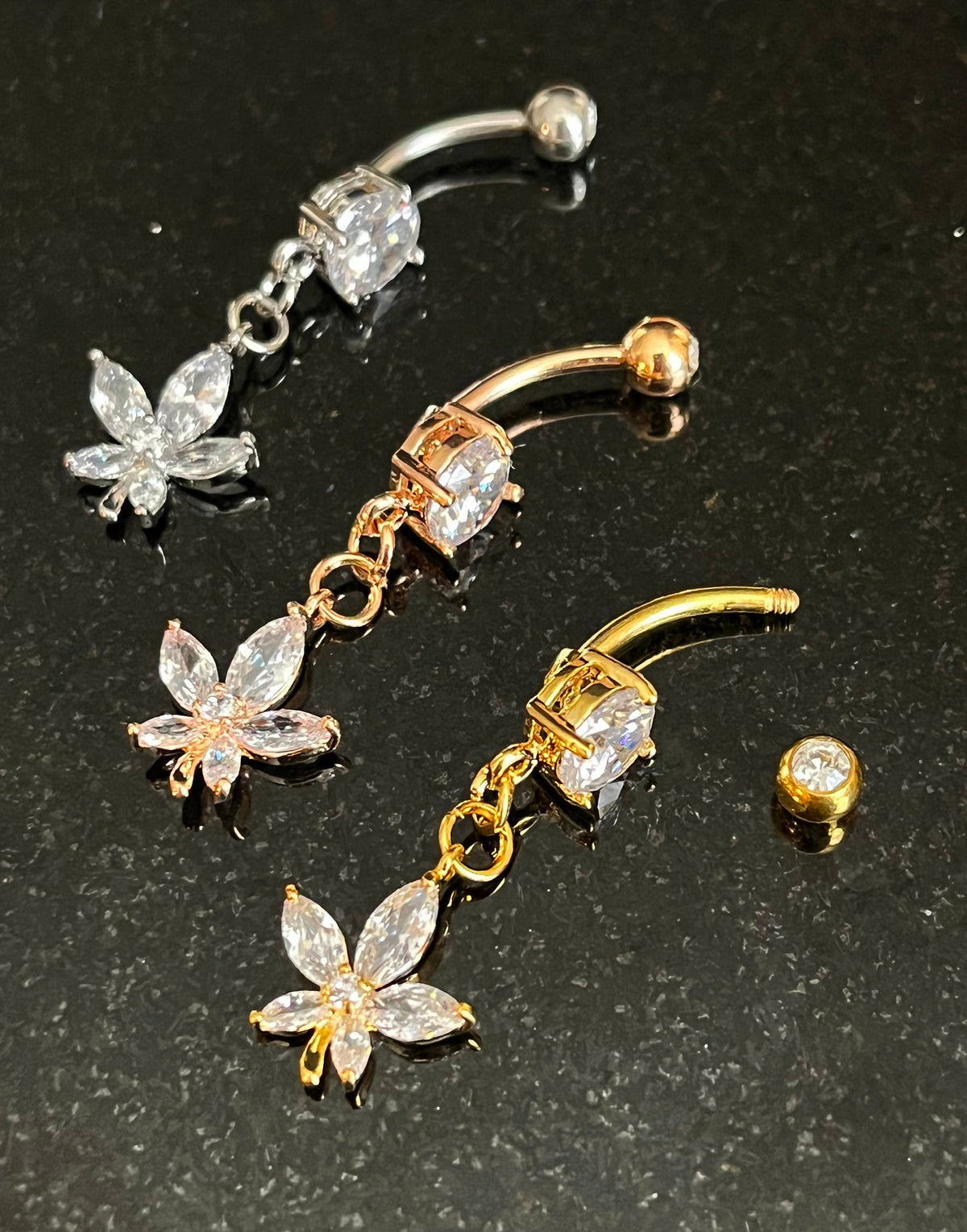 1 Piece Stunning Marquise Cut CZ Gem Flower Dangle Surgical Steel Navel / Naval Belly Ring - 14g- 10mm- Gold, Steel and Rose Gold Available!