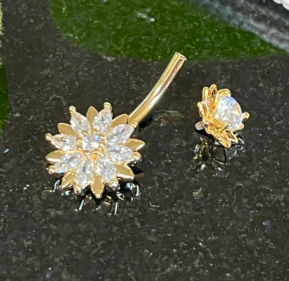 1 Piece Marquise CZ Gem Flower Internally Threaded Navel / Naval Belly Ring - 14g - 10mm Bar length - Gold, Steel and Rose Gold Available!