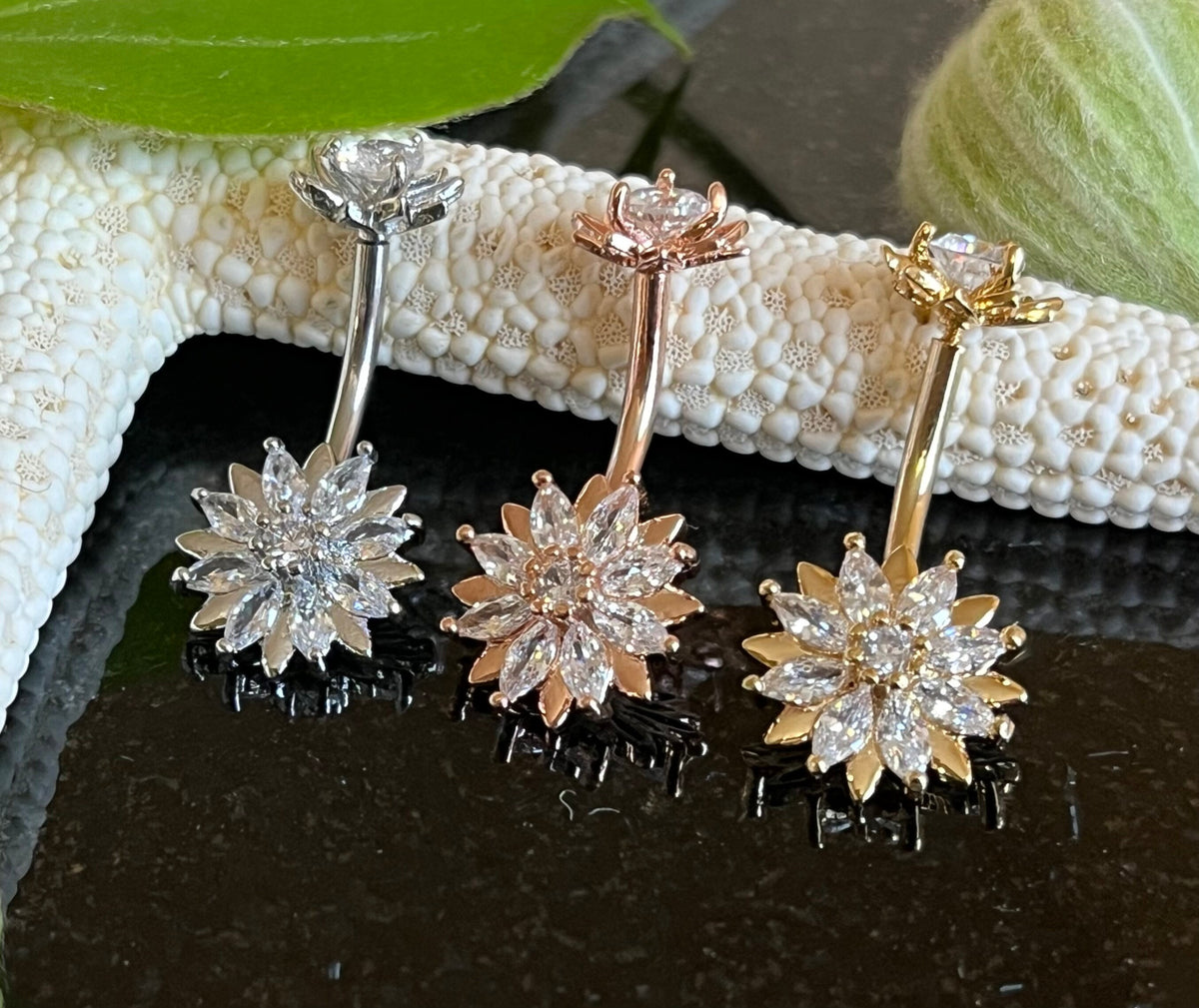 1 Piece Marquise CZ Gem Flower Internally Threaded Navel / Naval Belly Ring - 14g - 10mm Bar length - Gold, Steel and Rose Gold Available!