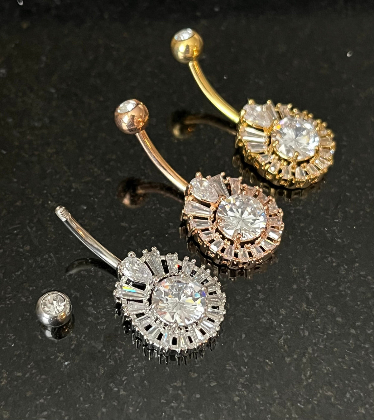 1 Piece Princess Cut CZ Gem Round Gem Centered Surgical Steel Navel / Naval Belly Ring - 14g - 10mm - Gold, Steel and Rose Gold Available!