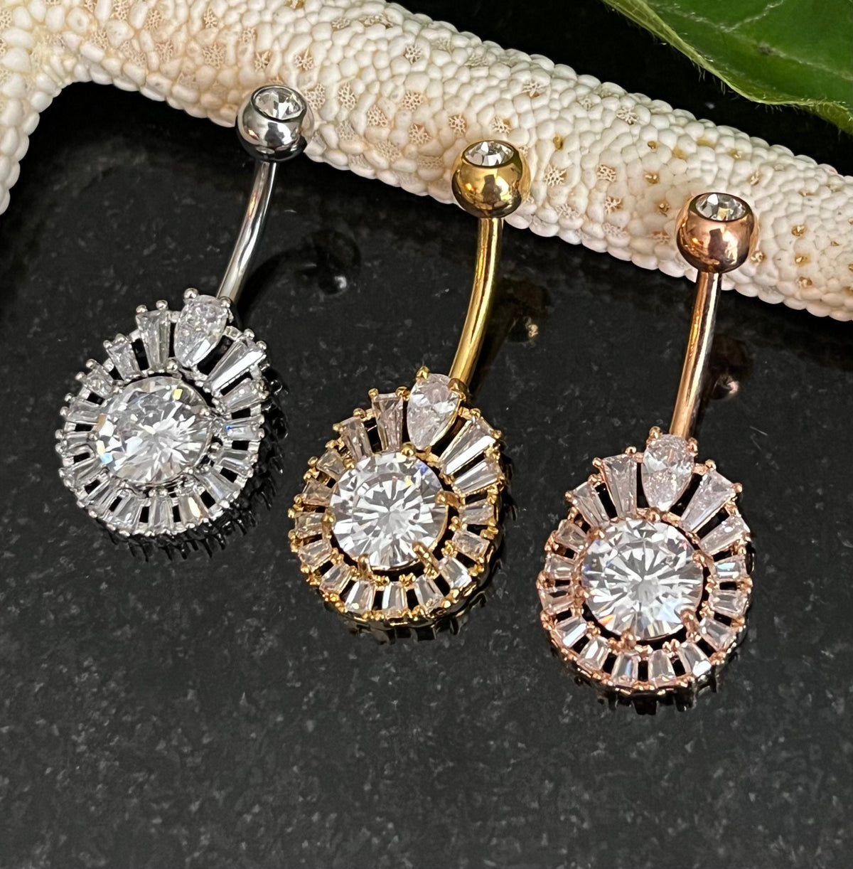 1 Piece Princess Cut CZ Gem Round Gem Centered Surgical Steel Navel / Naval Belly Ring - 14g - 10mm - Gold, Steel and Rose Gold Available!