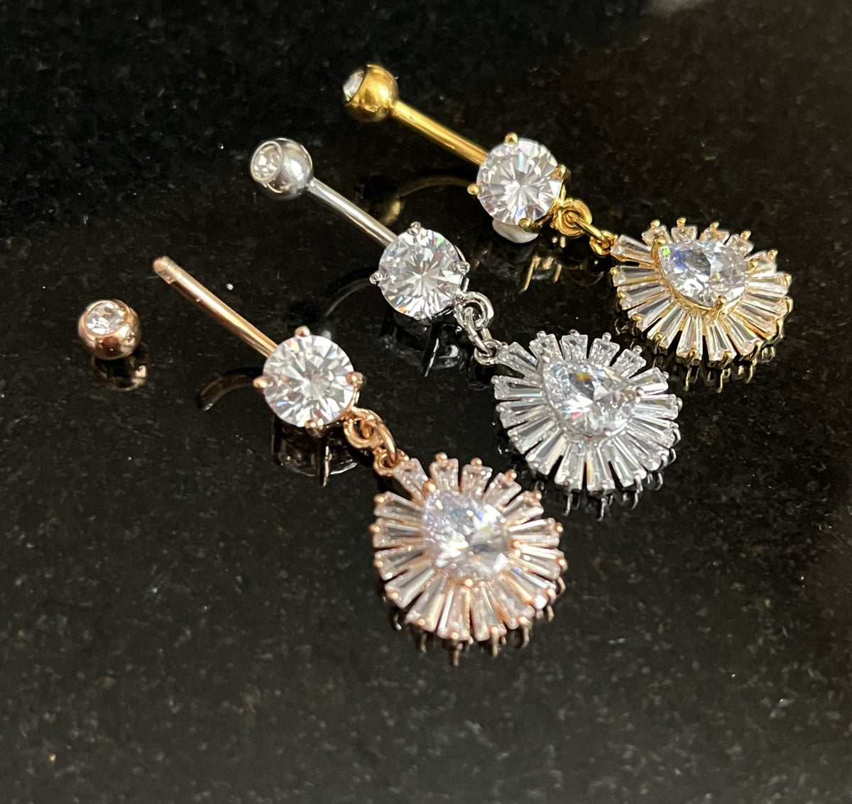 1 Piece Princess Cut Gem TearDrop CZ Gem Centered Surgical Steel Navel / Naval Belly Ring - 14g - 10mm- Gold, Steel and Rose Gold Available!