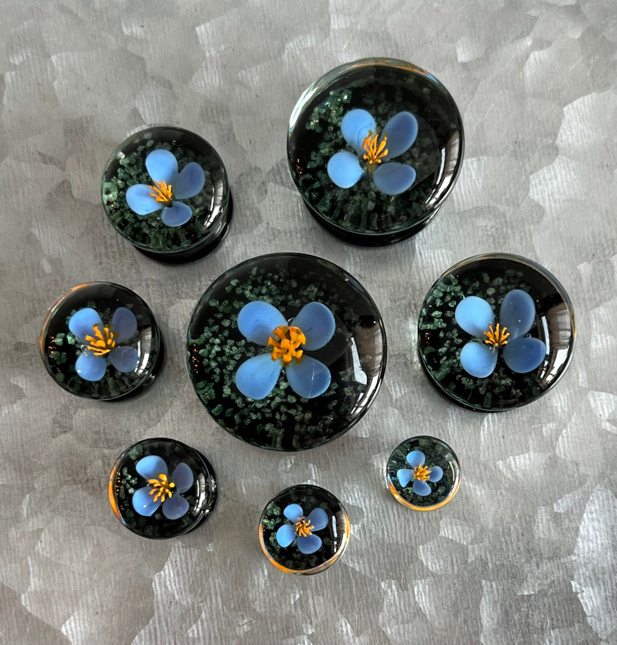 PAIR of Unique Floating Blue Flower Pyrex Glass Glow the the Dark Double Flare Plugs - Gauges 0g (8mm) through 1" (25mm) available!