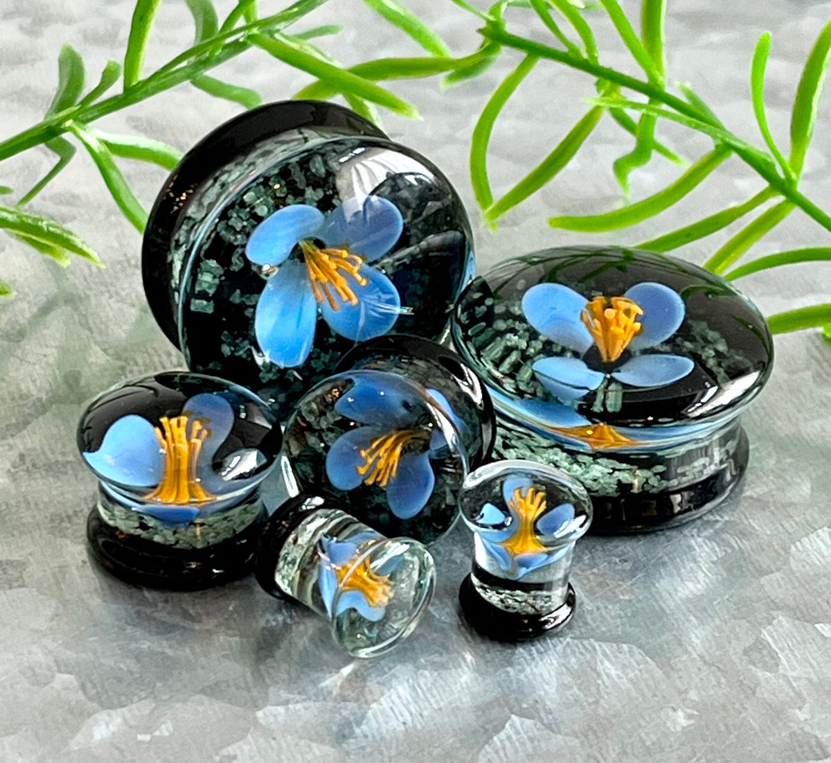 PAIR of Unique Floating Blue Flower Pyrex Glass Glow the the Dark Double Flare Plugs - Gauges 0g (8mm) through 1" (25mm) available!