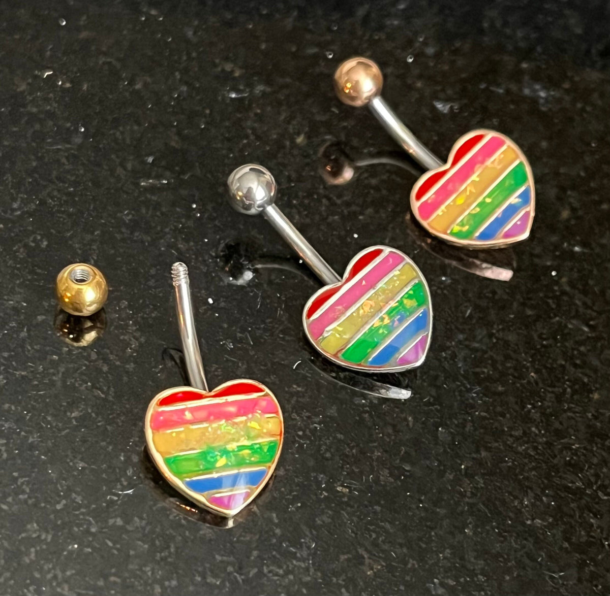 1 Piece Beautiful Rainbow Opal Glitter Filled Heart Gay Pride Navel / Naval Belly Ring - 14g - 10mm Bar Length!