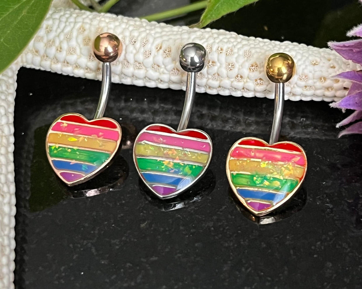 1 Piece Beautiful Rainbow Opal Glitter Filled Heart Gay Pride Navel / Naval Belly Ring - 14g - 10mm Bar Length!