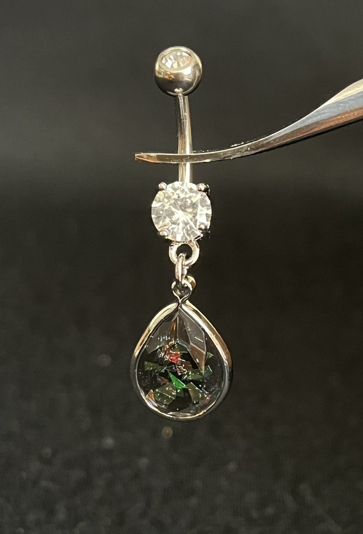1 Piece Brilliant Rainbow Glitter Opalite Tear Drop with CZ Gems Navel / Naval Belly Ring - 14g - 10mm- Gold, Steel and Rose Gold Available!