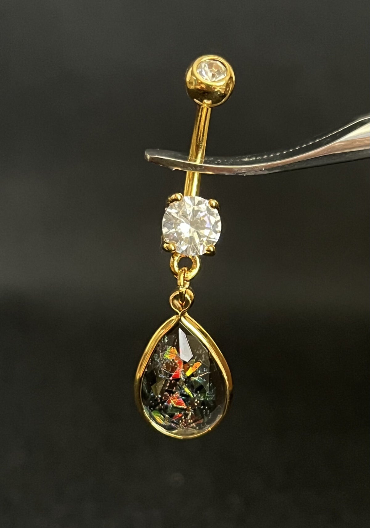 1 Piece Brilliant Rainbow Glitter Opalite Tear Drop with CZ Gems Navel / Naval Belly Ring - 14g - 10mm- Gold, Steel and Rose Gold Available!