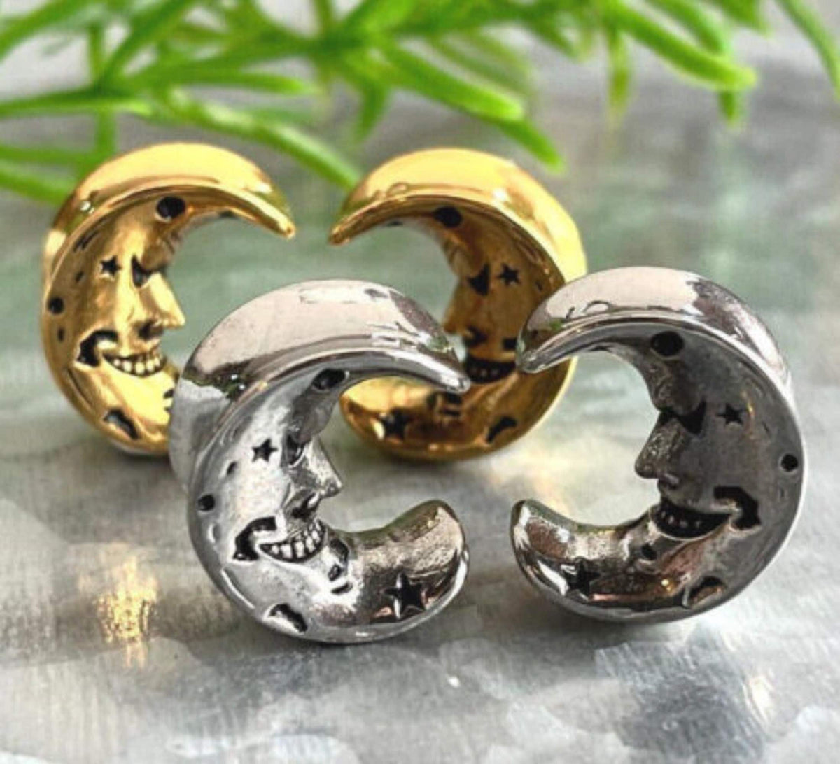 PAIR of Unique Face of the Moon Saddle Surgical Steel Ear Spreaders Hanger-Tunnels/Plugs - Gauges 0g (8mm) thru 16mm available!
