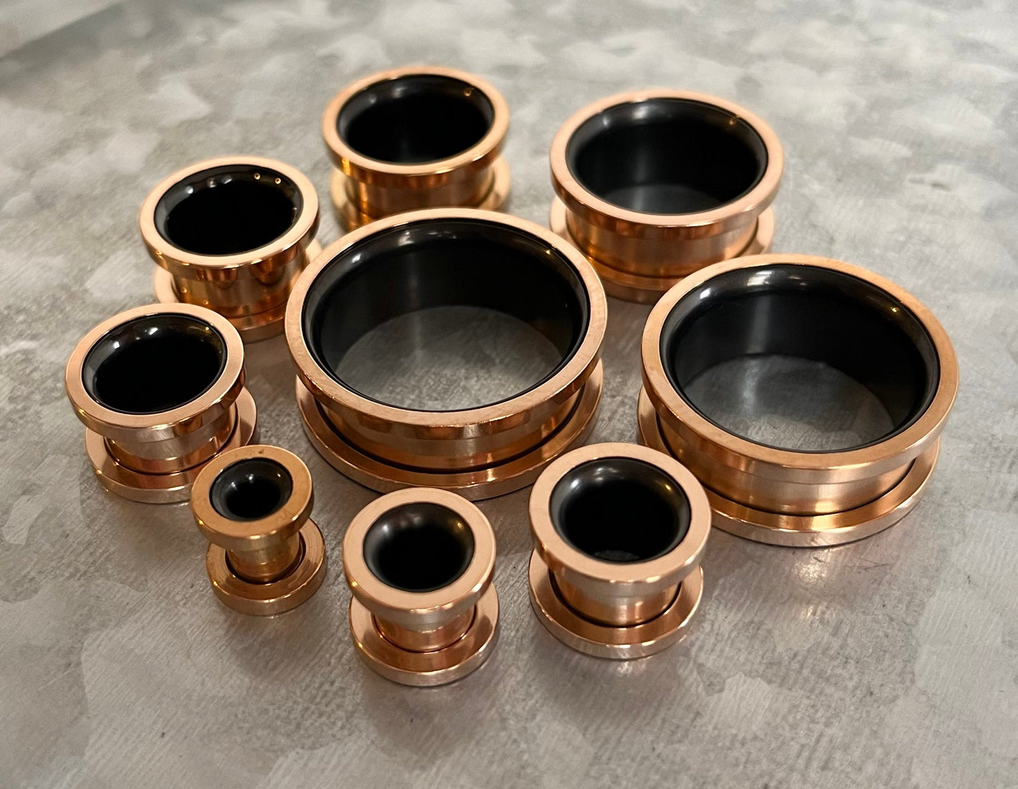 PAIR of Stunning Rose Gold with Black Interior 316L Steel Screw Fit Tunnels/Plugs - Gauges 2g (6mm) thru 1" (25mm) available!