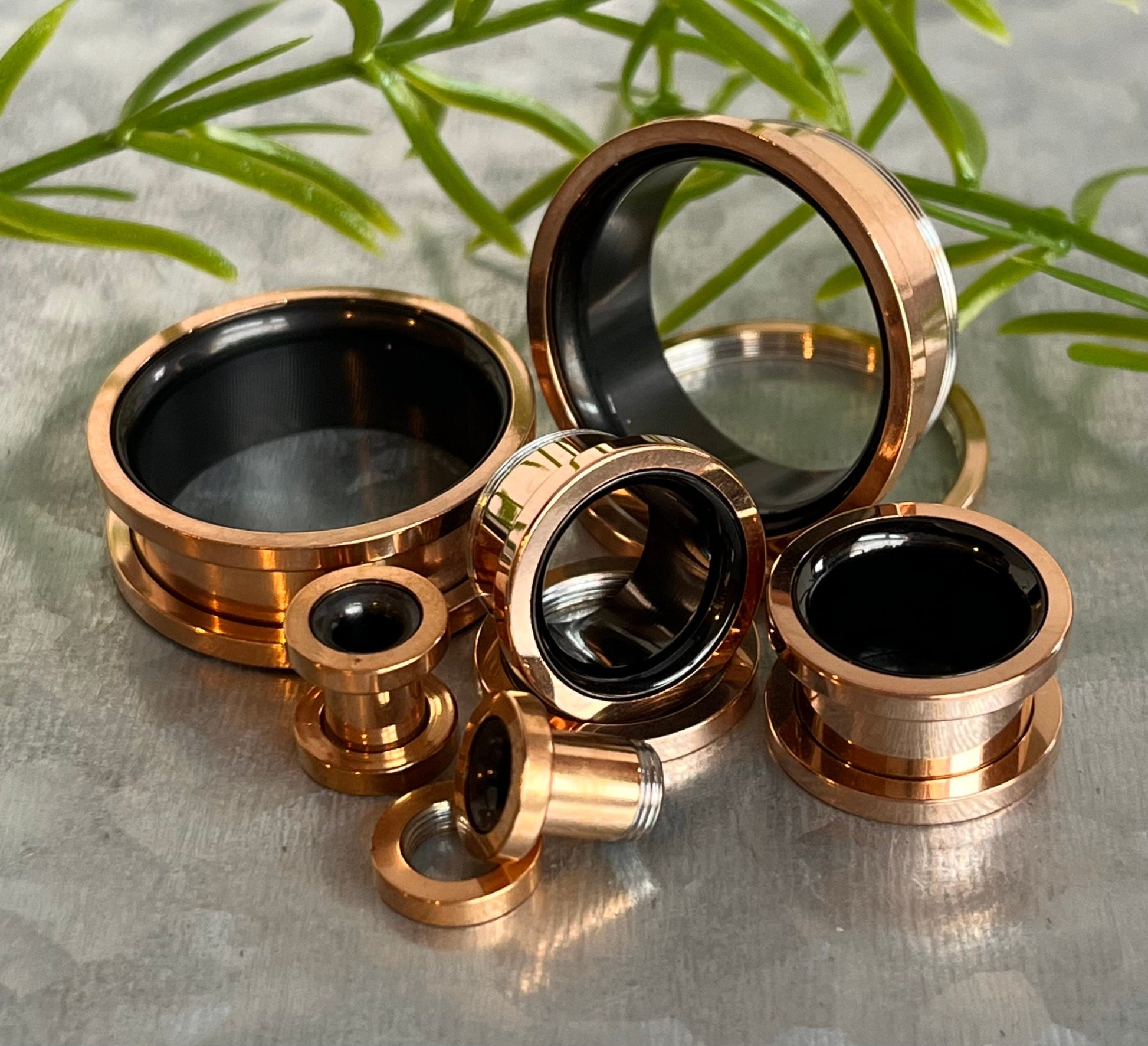 PAIR of Stunning Rose Gold with Black Interior 316L Steel Screw Fit Tunnels/Plugs - Gauges 2g (6mm) thru 1" (25mm) available!