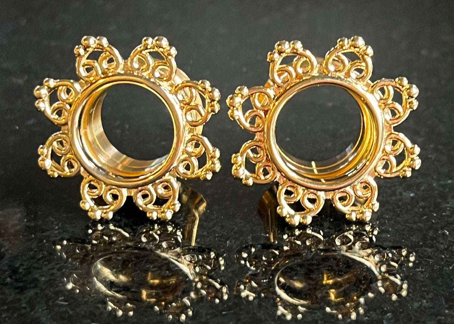 PAIR of Unique Gold Tribal Hearts Filigree Internally Threaded Double Flare Tunnels - Gauges 8g (3mm) thru 5/8" (16mm) available!