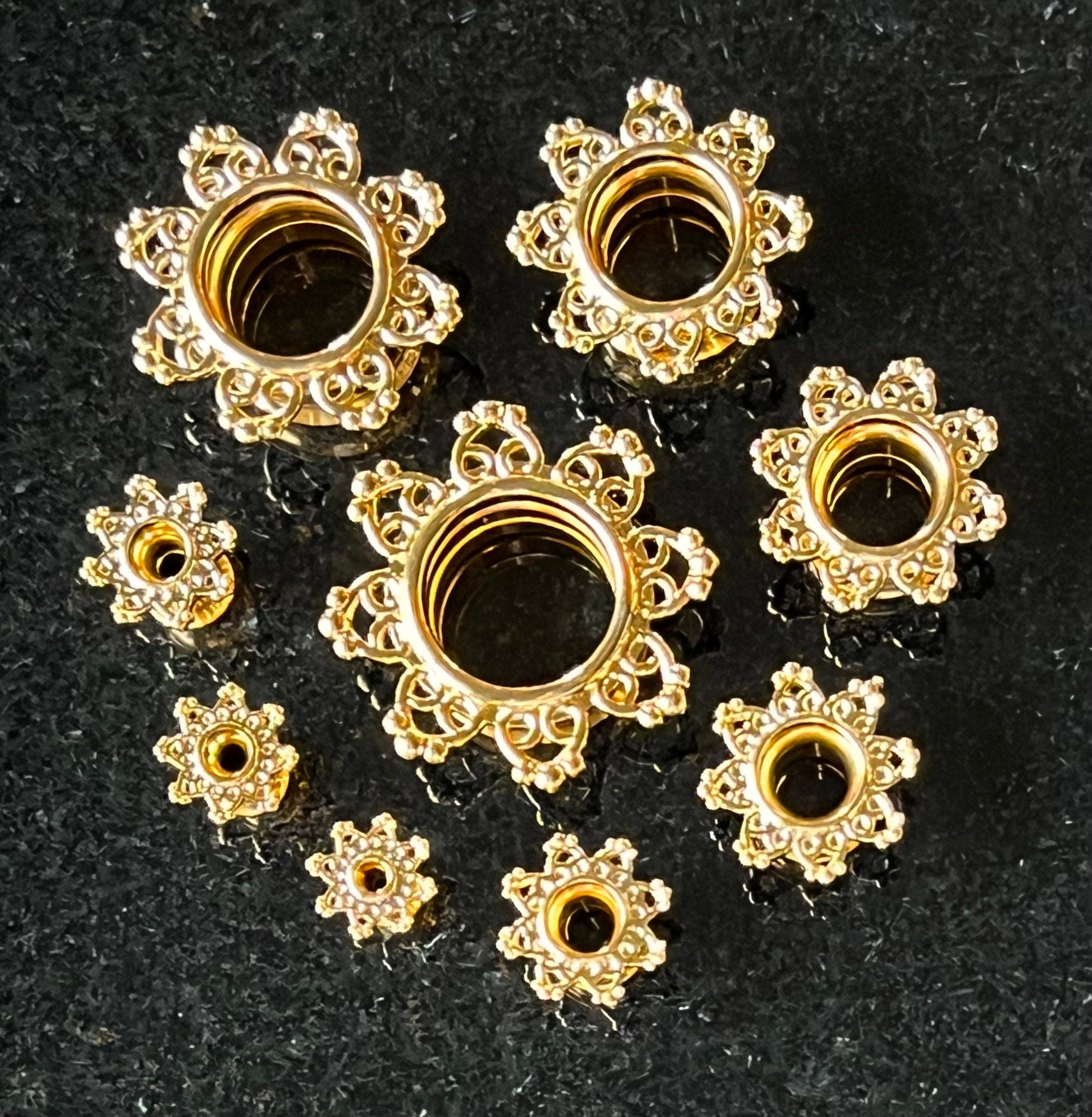 PAIR of Unique Gold Tribal Hearts Filigree Internally Threaded Double Flare Tunnels - Gauges 8g (3mm) thru 5/8" (16mm) available!