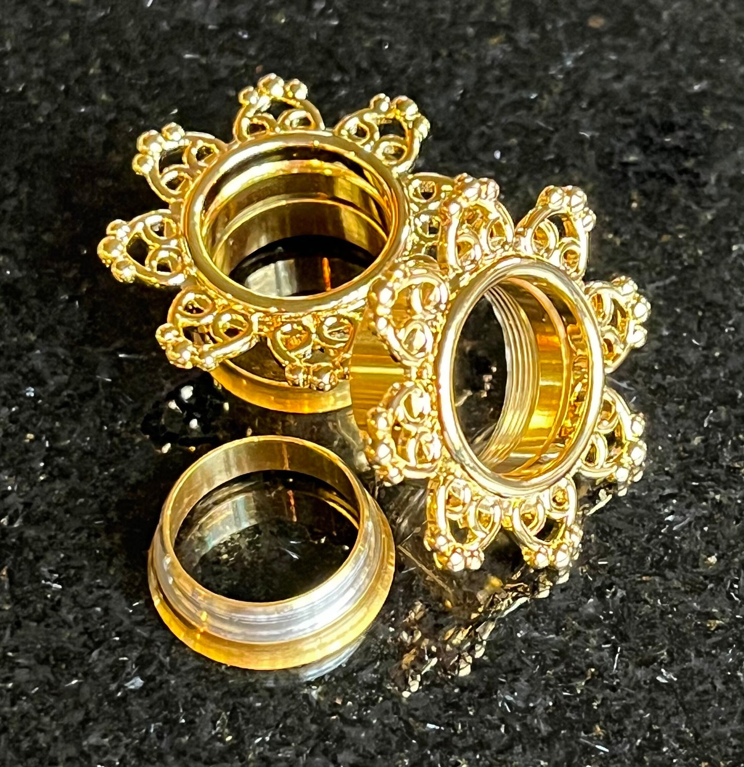 PAIR of Unique Gold Tribal Hearts Filigree Internally Threaded Double Flare Tunnels - Gauges 8g (3mm) thru 5/8" (16mm) available!