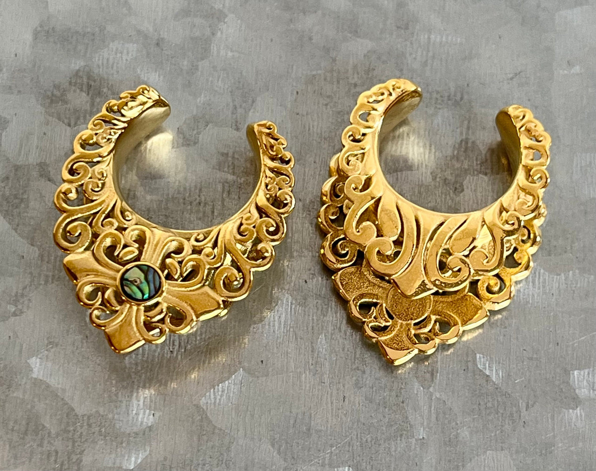 PAIR of Stunning Gold Plated Filigree Abalone Saddle Ear Spreader Hanger-Tunnels/Plugs - Gauges 0g (8mm) thru 3/4" (19mm) available!