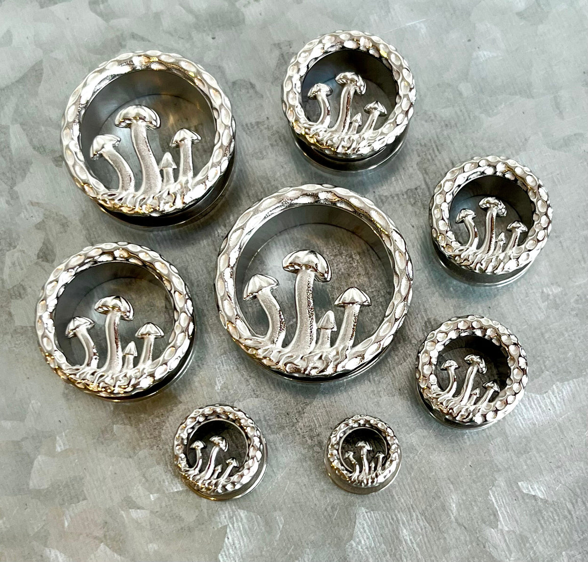 PAIR of Unique Mushrooms L316 Surgical Steel Screw Fit Tunnels/Plugs - Gauges 0g (8mm) up to 1" (25mm) available!