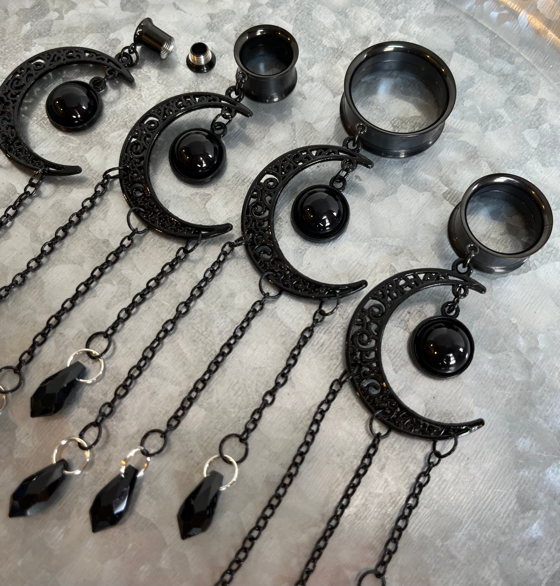 PAIR of Unique Black Filigree Moon Dangle Internally Threaded Dangle Screw Fit Tunnels -Gauges 2g (6mm) thru 1" (25mm) Available!