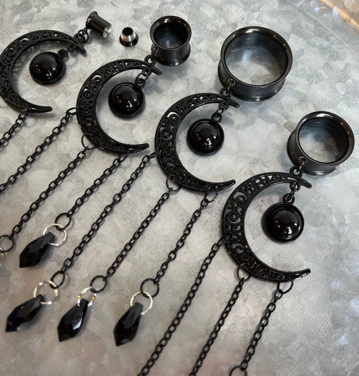 PAIR of Unique Black Filigree Moon Dangle Internally Threaded Dangle Screw Fit Tunnels -Gauges 2g (6mm) thru 1" (25mm) Available!
