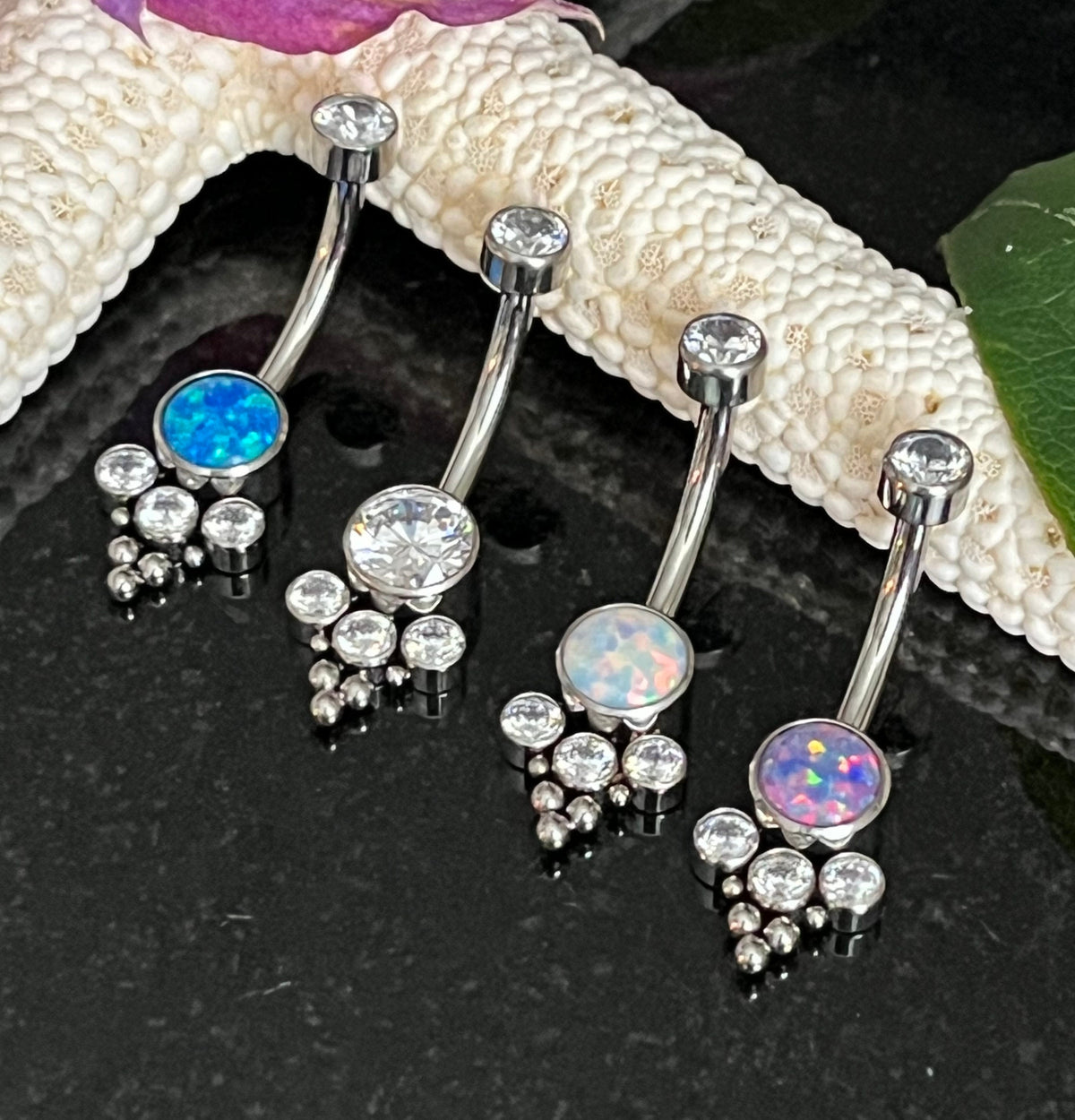 1 Piece Stunning Solid Implant Grade Titanium Trinity Cluster Navel/Naval Belly Ring - 14g - Clear Gem, Aqua, AB & Pink Opalite Available!