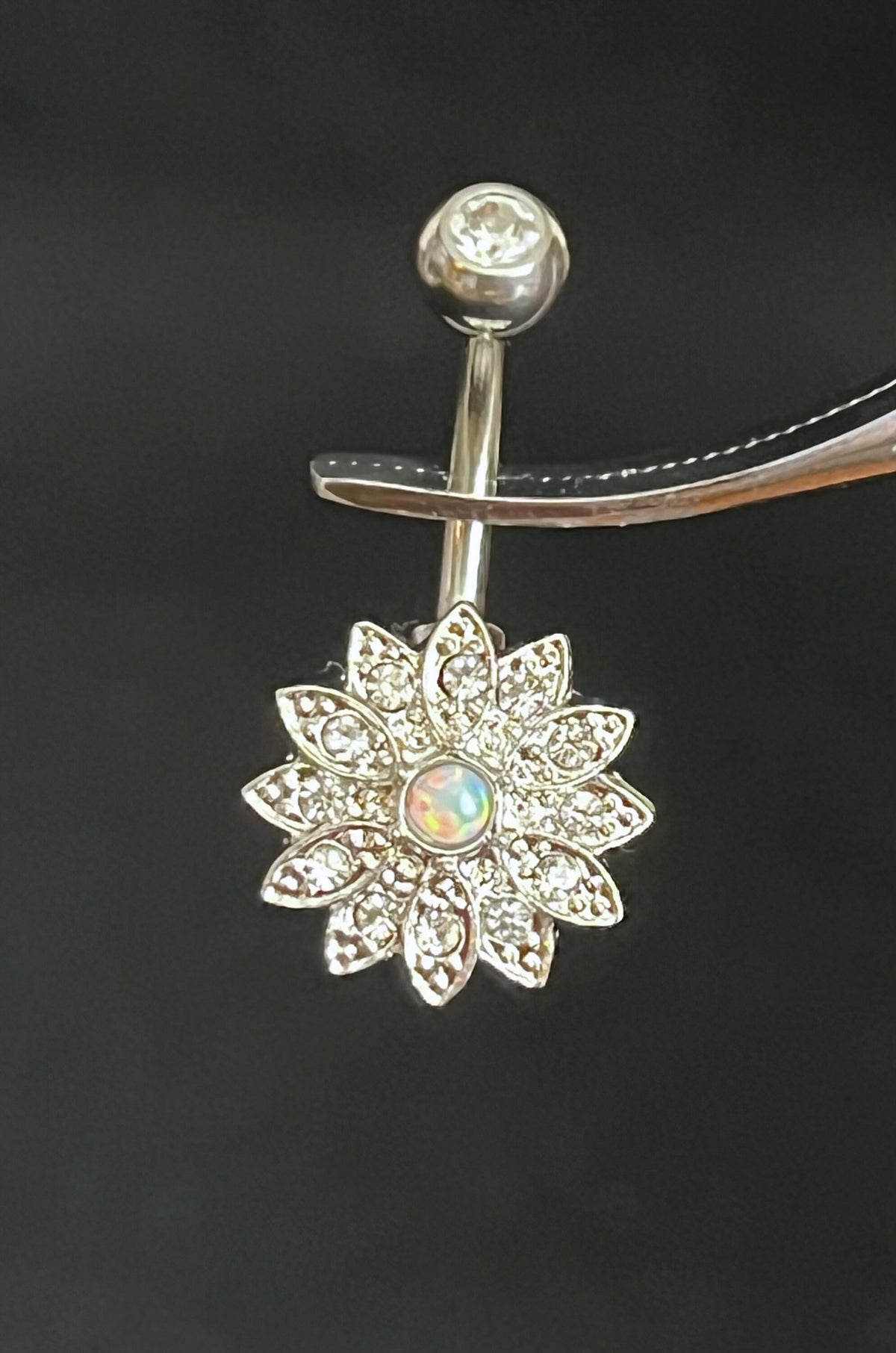 1 Piece Unique Small Flower with Opal Center Crystal Paved Petals Navel/Naval Belly Ring - 14g - 10mm -Gold, Steel and Rose Gold Available!