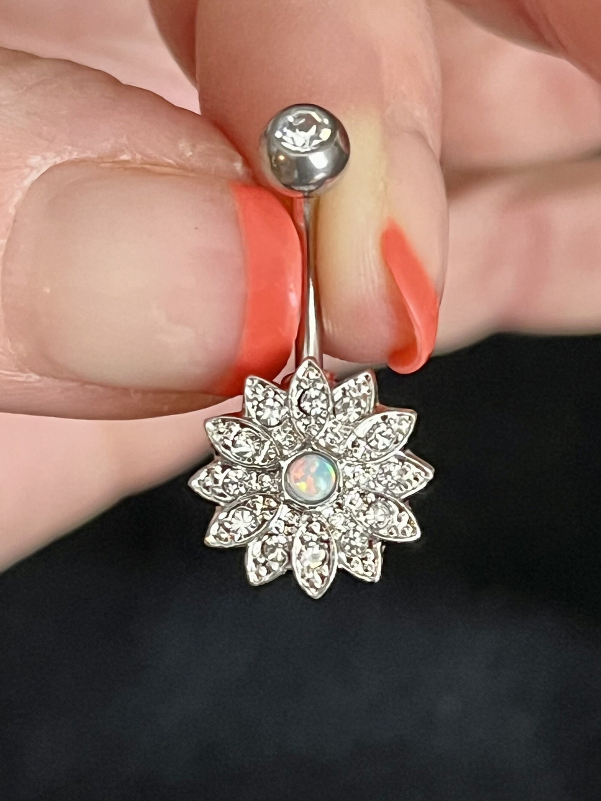 1 Piece Unique Small Flower with Opal Center Crystal Paved Petals Navel/Naval Belly Ring - 14g - 10mm -Gold, Steel and Rose Gold Available!