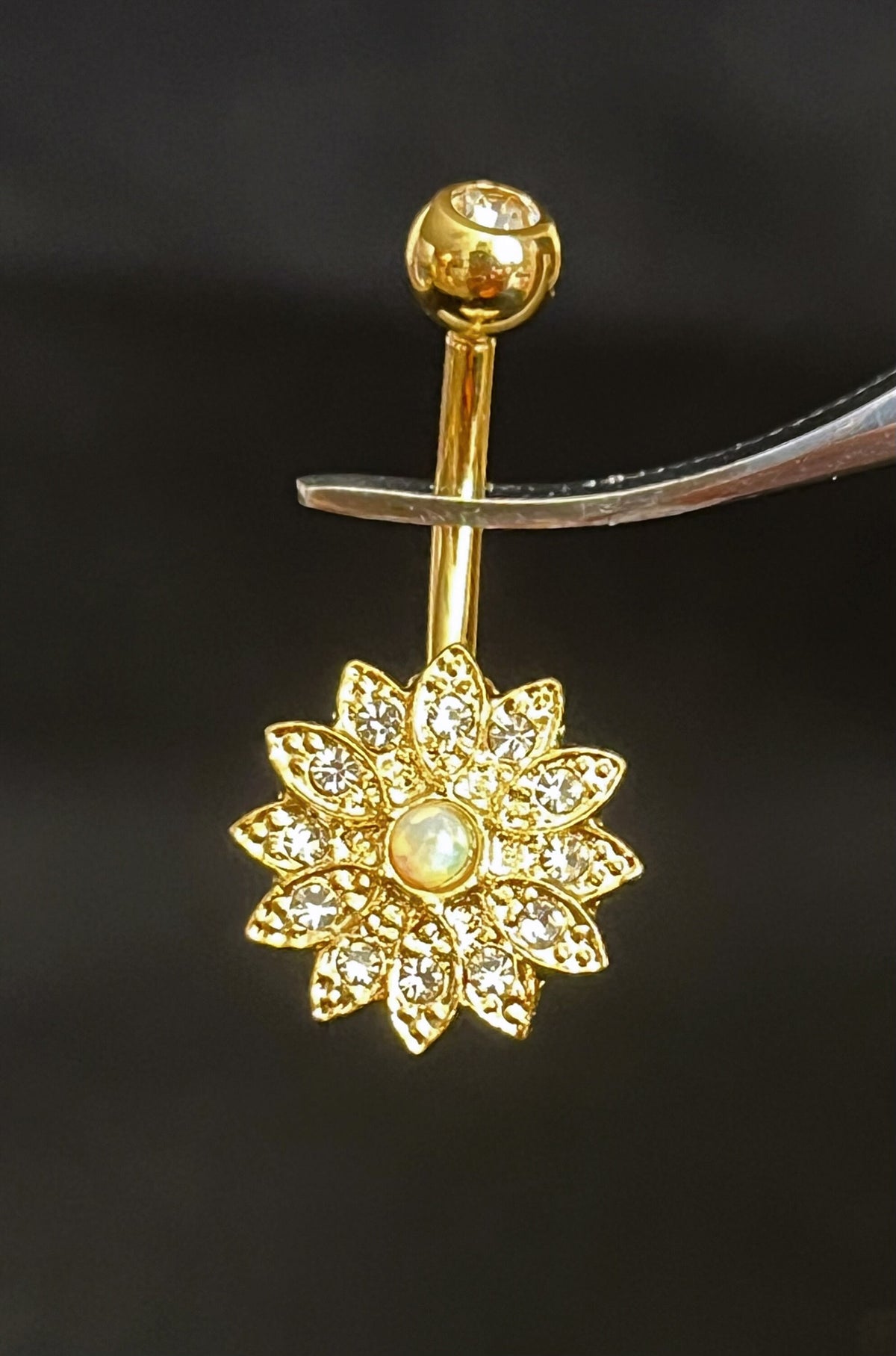 1 Piece Unique Small Flower with Opal Center Crystal Paved Petals Navel/Naval Belly Ring - 14g - 10mm -Gold, Steel and Rose Gold Available!