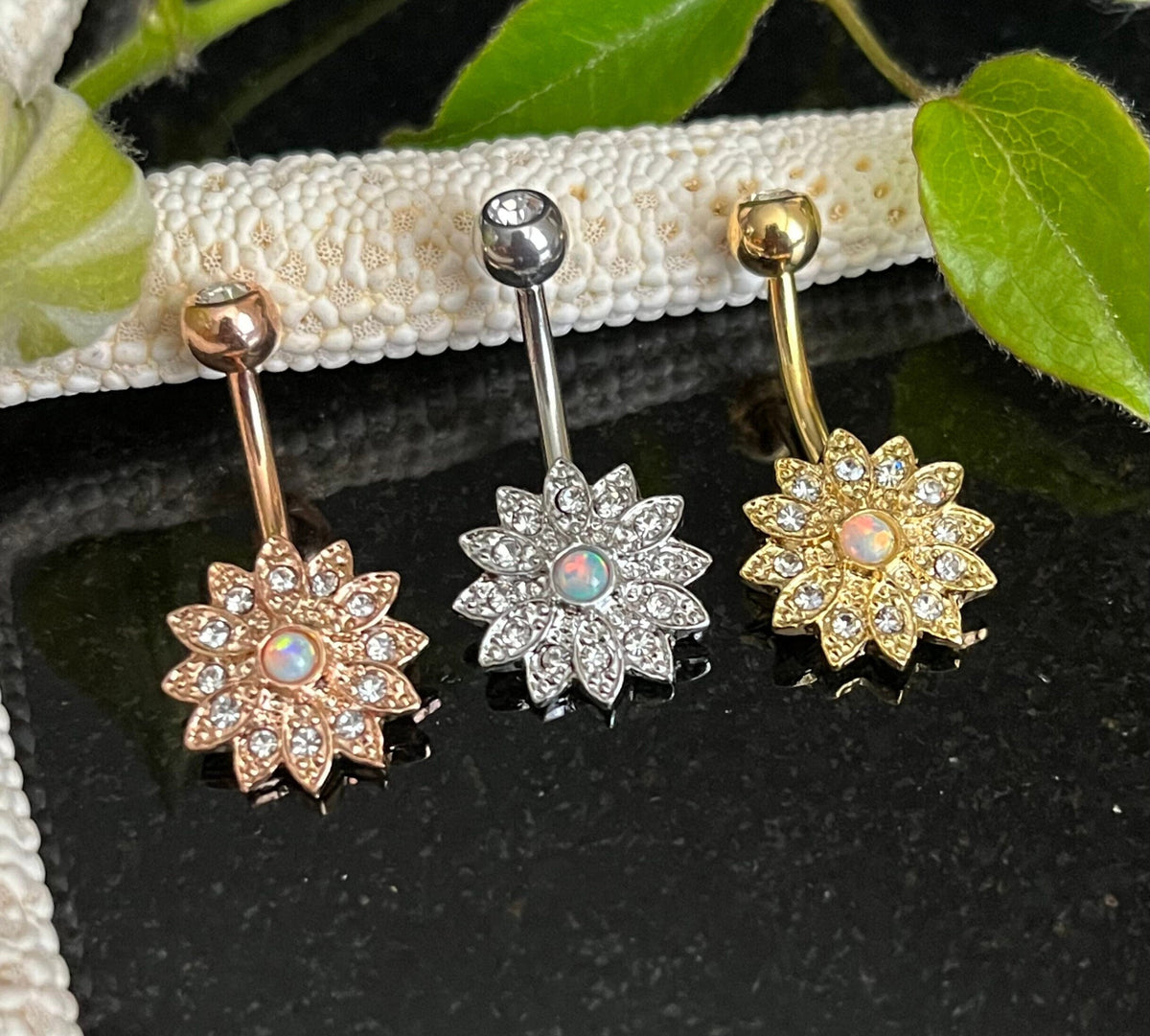 1 Piece Unique Small Flower with Opal Center Crystal Paved Petals Navel/Naval Belly Ring - 14g - 10mm -Gold, Steel and Rose Gold Available!
