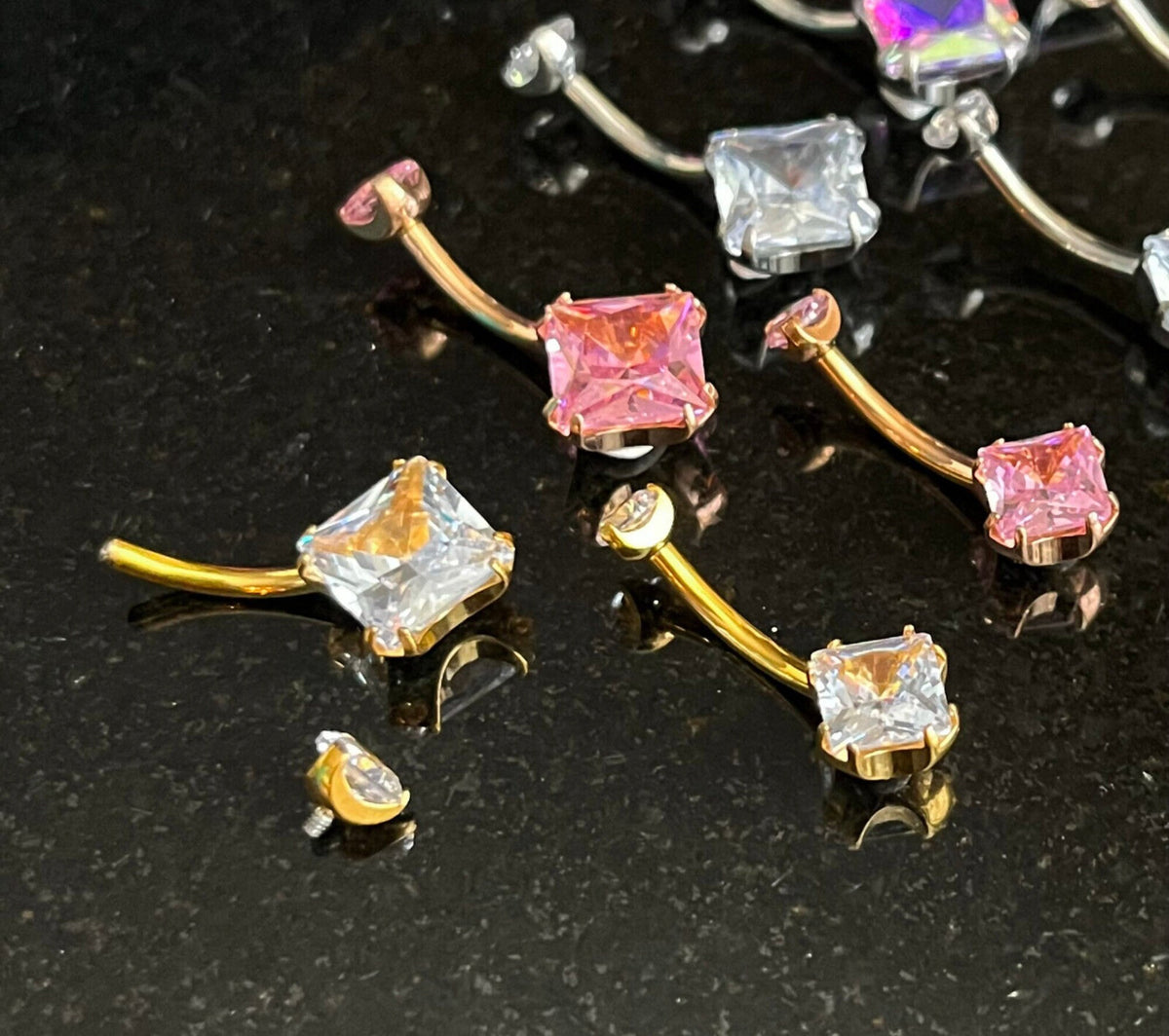 1 Piece Solid Implant Grade Titanium Square CZ Gem Navel/Naval Belly Ring - 14g - AB, Clear, Gold, Rose Gold w/Pink & Vitrail Available!