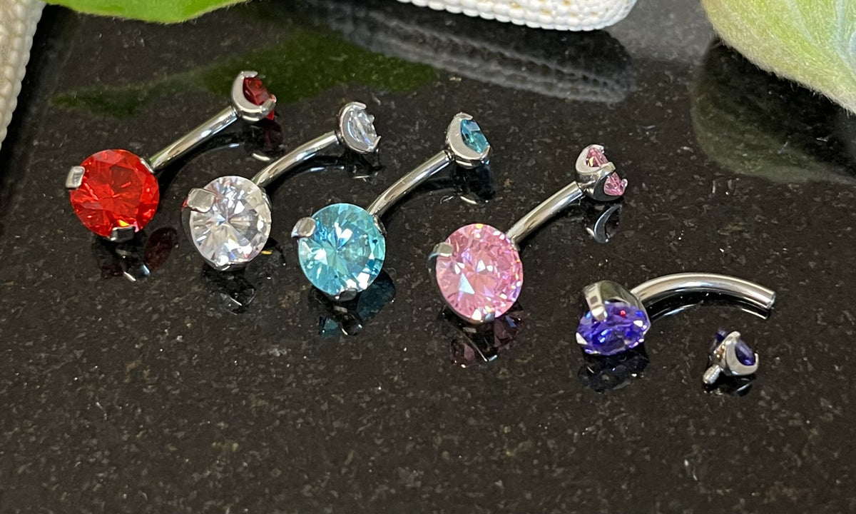 1 Piece Solid Implant Grade Titanium Round Gem Internally Threaded Navel/Naval Belly Ring - 14g - Available in a Variety of Colors!