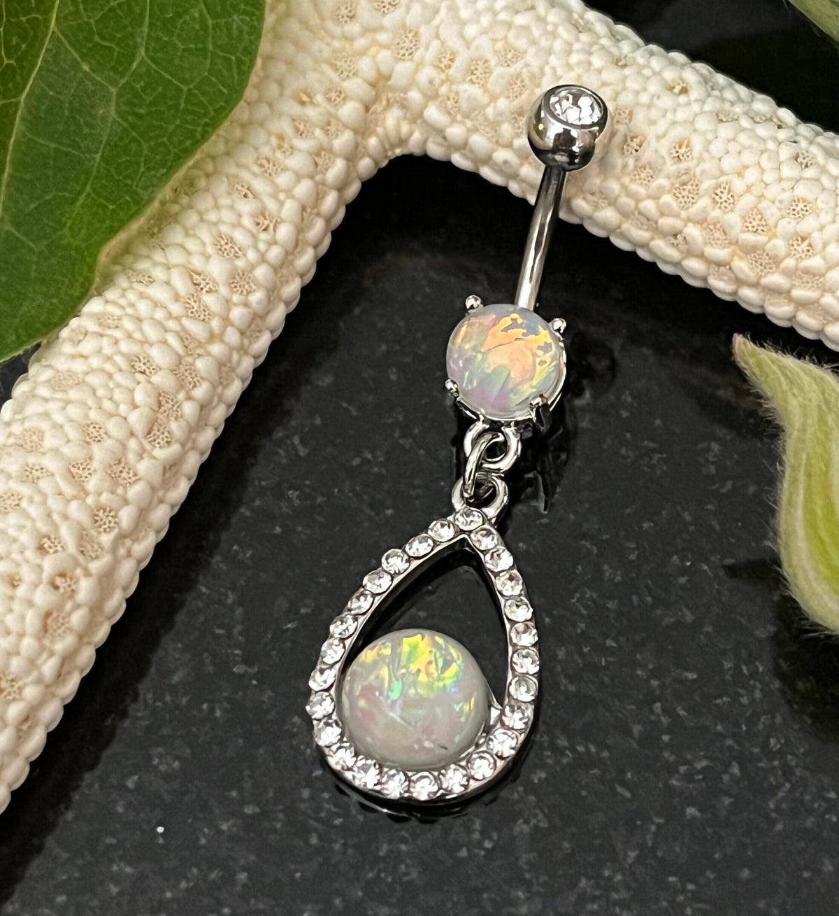 1 Piece Stunning Opal Glitter Center Tear Drop Dangle Surgical Steel Navel / Naval Belly Ring!