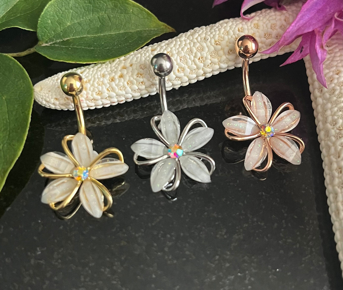 1 Piece Stunning CZ Gem Center Wire Flower Belly Button Ring Navel / Naval Belly Ring - 14g - 10mm - Gold, Steel and Rose Gold Available!