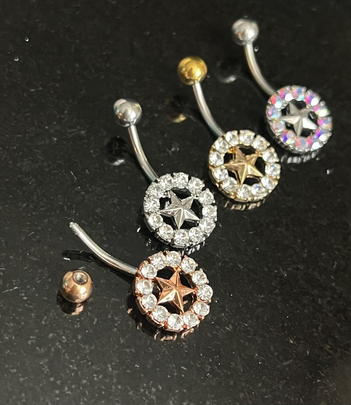 1 Piece Gem Surrounded Star Belly Button Ring Navel / Naval Belly Ring - 14g - 10mm - Aurora Borealis, Steel, Gold and Rose Gold Available!