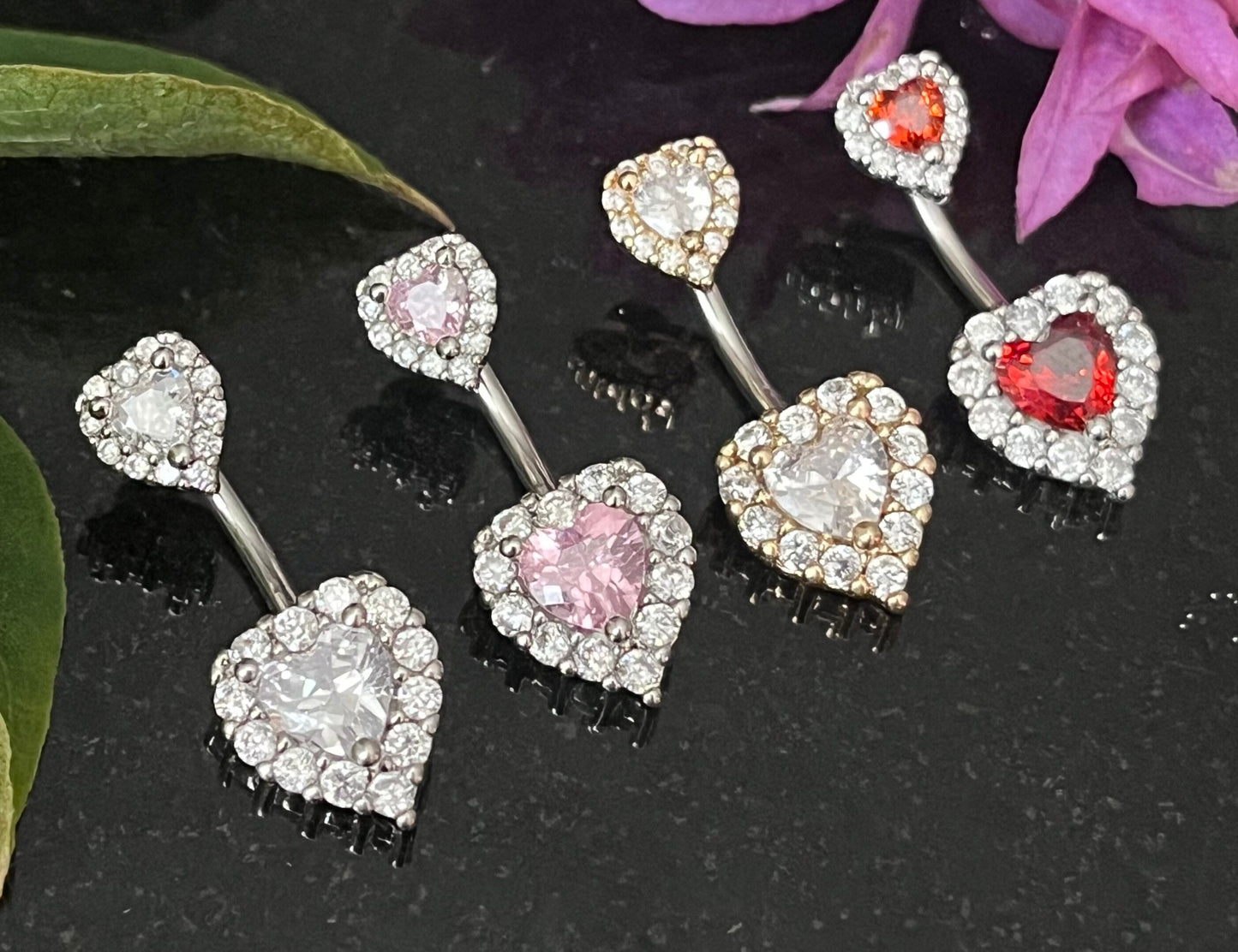 1 Piece Brilliant Gem Surrounded Hearts Button Ring Navel / Naval Belly Ring - 14g - 10mm - Available in Clear, Gold, Pink,and Red/Orange!