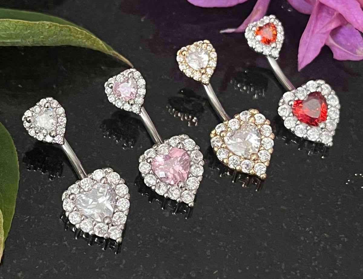 1 Piece Brilliant Gem Surrounded Hearts Button Ring Navel / Naval Belly Ring - 14g - 10mm - Available in Clear, Gold, Pink,and Red/Orange!