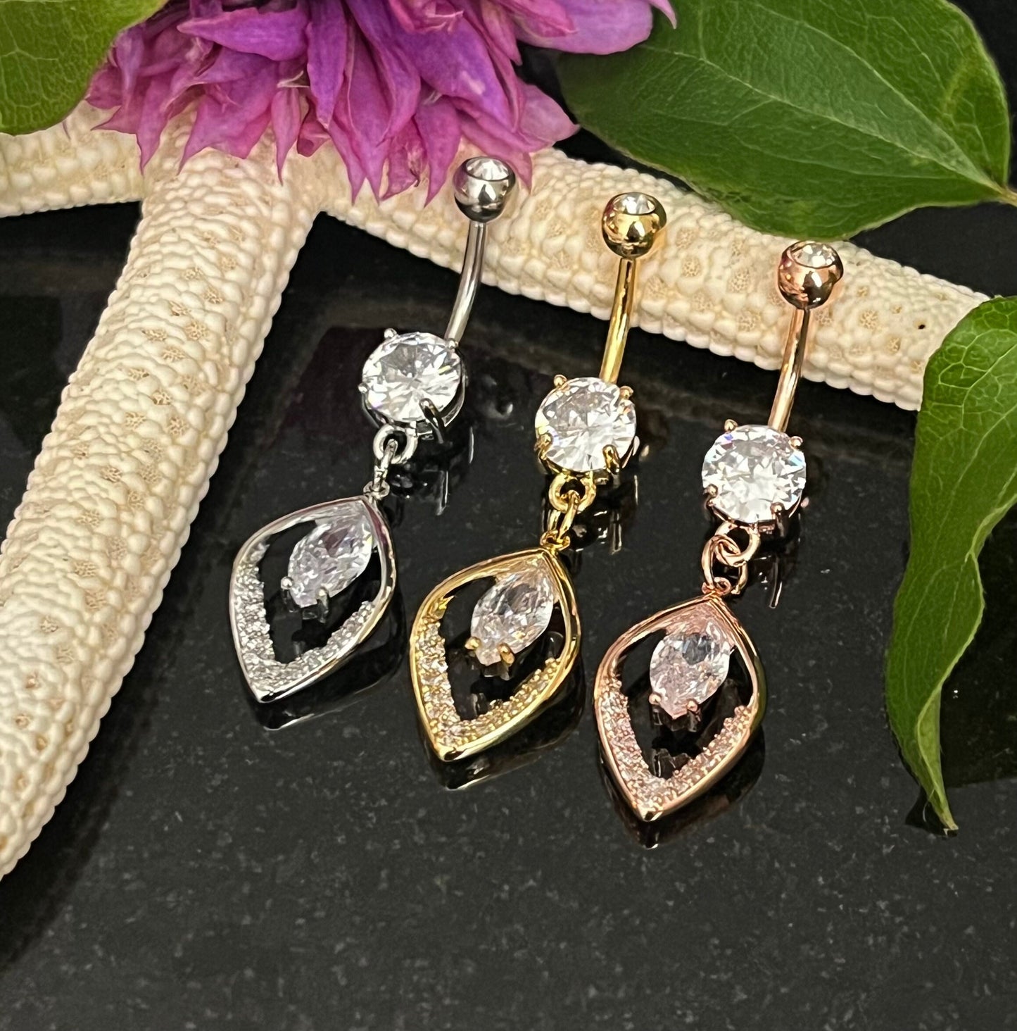 1 Piece Beautiful Hollow CZ Gem Paved Leaf Belly Button Ring Navel / Naval Belly Ring - 14g - 10mm - Gold, Steel and Rose Gold Available!