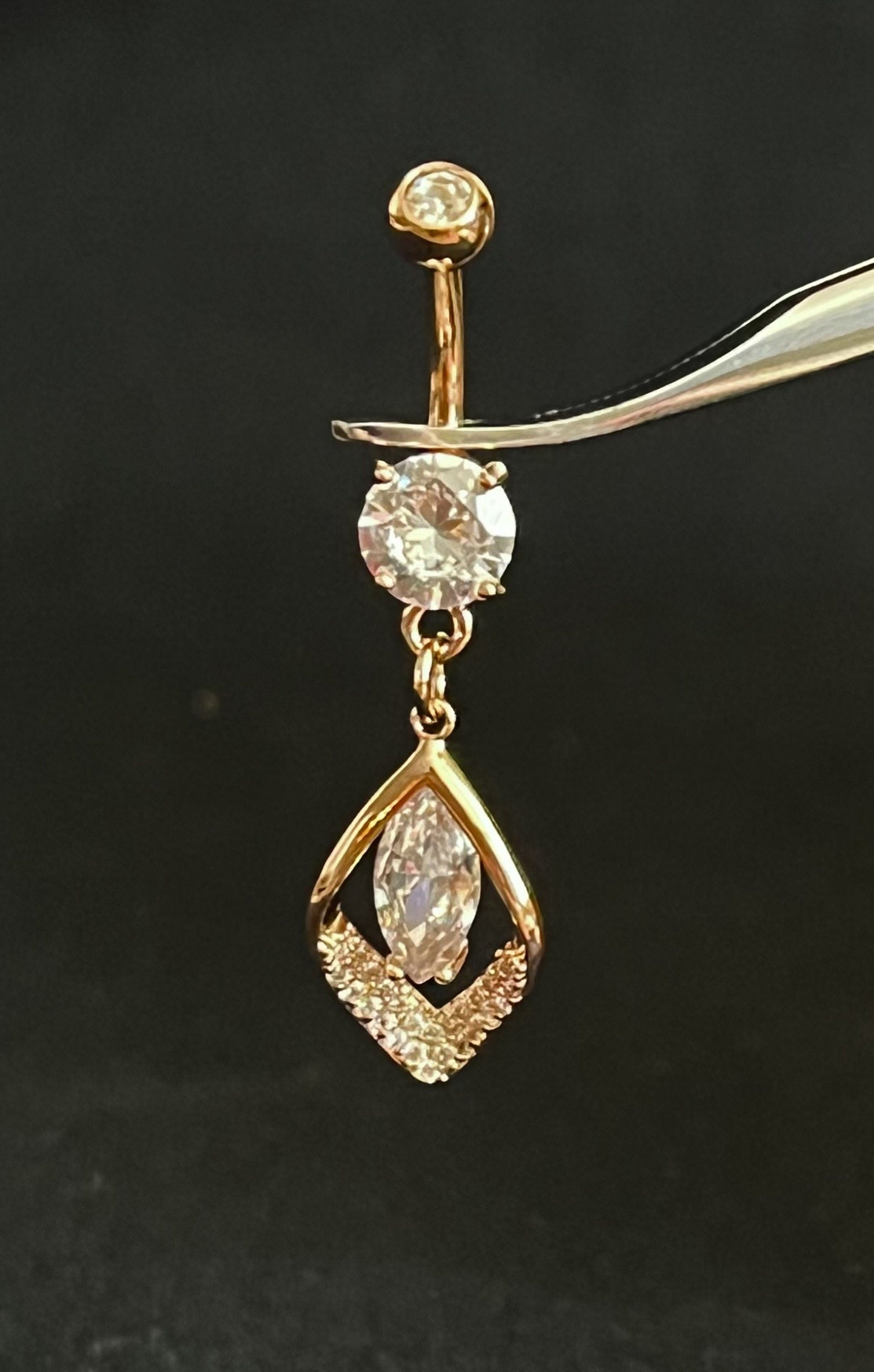 1 Piece Beautiful Hollow CZ Gem Paved Leaf Belly Button Ring Navel / Naval Belly Ring - 14g - 10mm - Gold, Steel and Rose Gold Available!