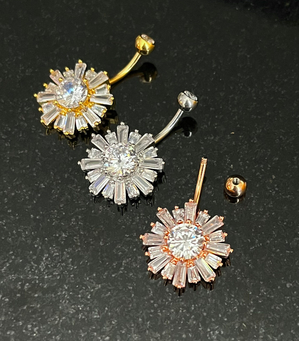 1 Piece Stunning Baguette CZ Gems Sunburst Navel / Naval Belly Button Ring - 14g - 10mm - Gold, Silver and Rose Gold Available!