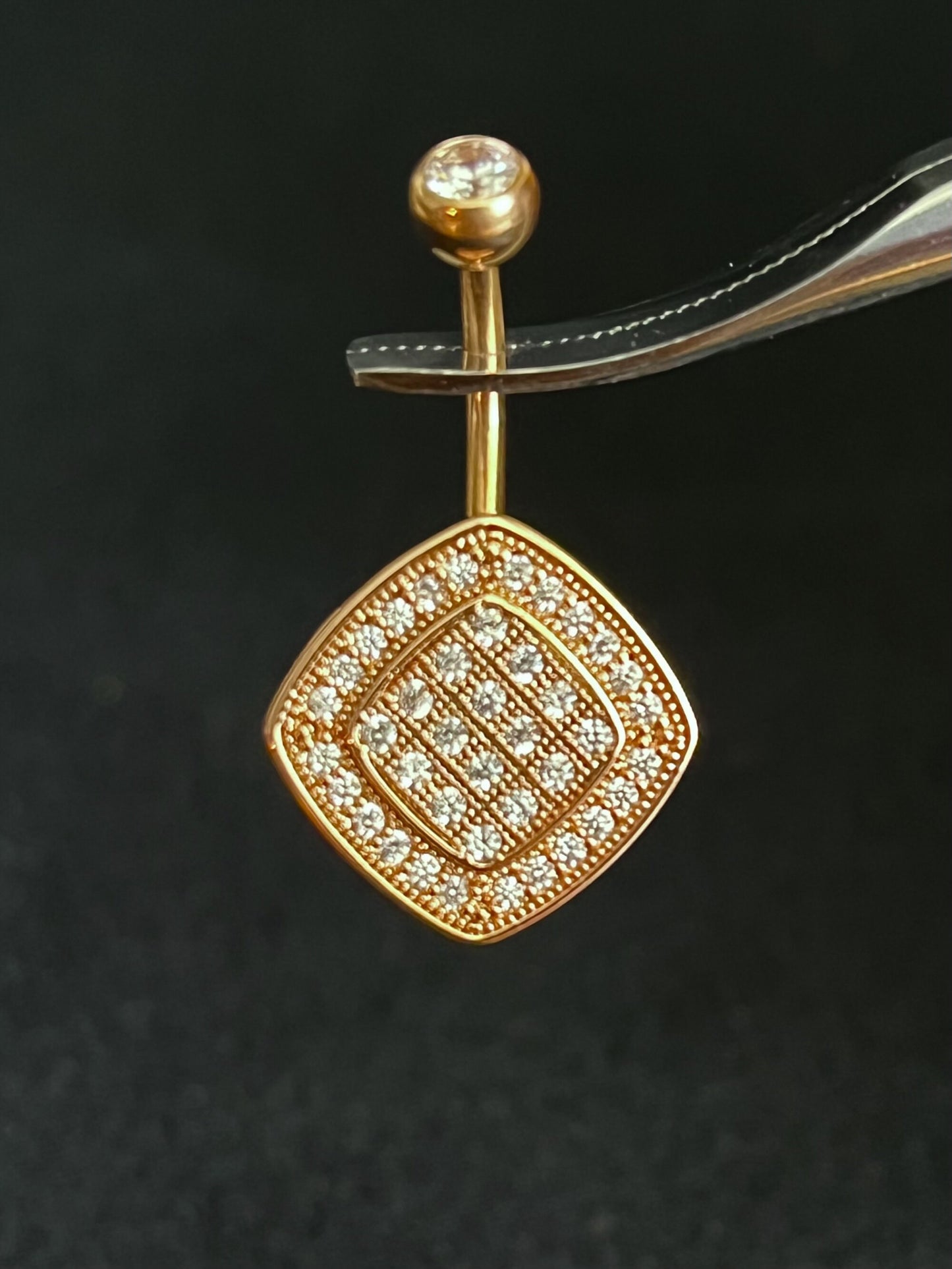 1 Piece Unique Paved CZ Gems Square Navel / Naval Belly Button Ring - 14g - 10mm - Gold, Silver and Rose Gold Available!
