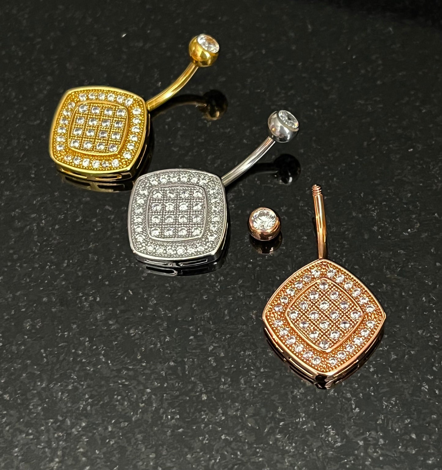 1 Piece Unique Paved CZ Gems Square Navel / Naval Belly Button Ring - 14g - 10mm - Gold, Silver and Rose Gold Available!