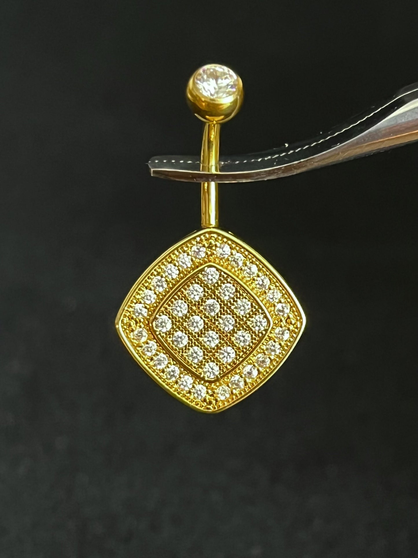 1 Piece Unique Paved CZ Gems Square Navel / Naval Belly Button Ring - 14g - 10mm - Gold, Silver and Rose Gold Available!