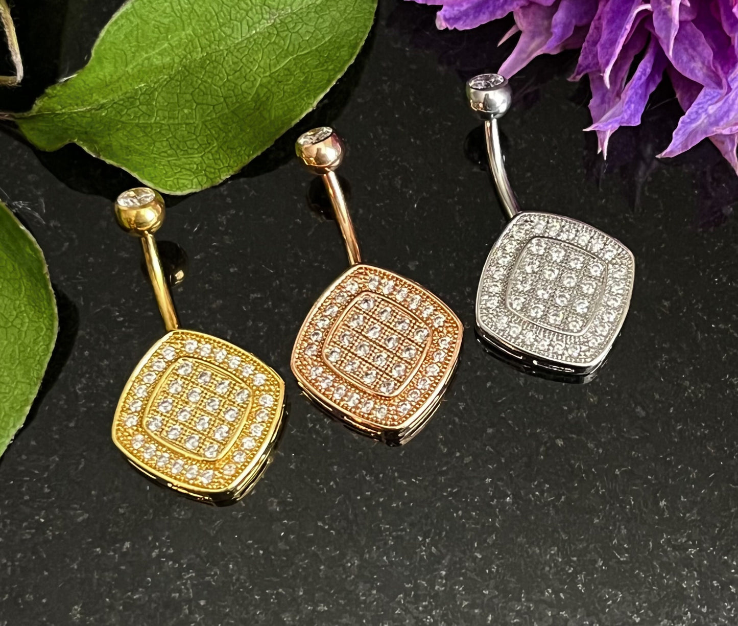 1 Piece Unique Paved CZ Gems Square Navel / Naval Belly Button Ring - 14g - 10mm - Gold, Silver and Rose Gold Available!