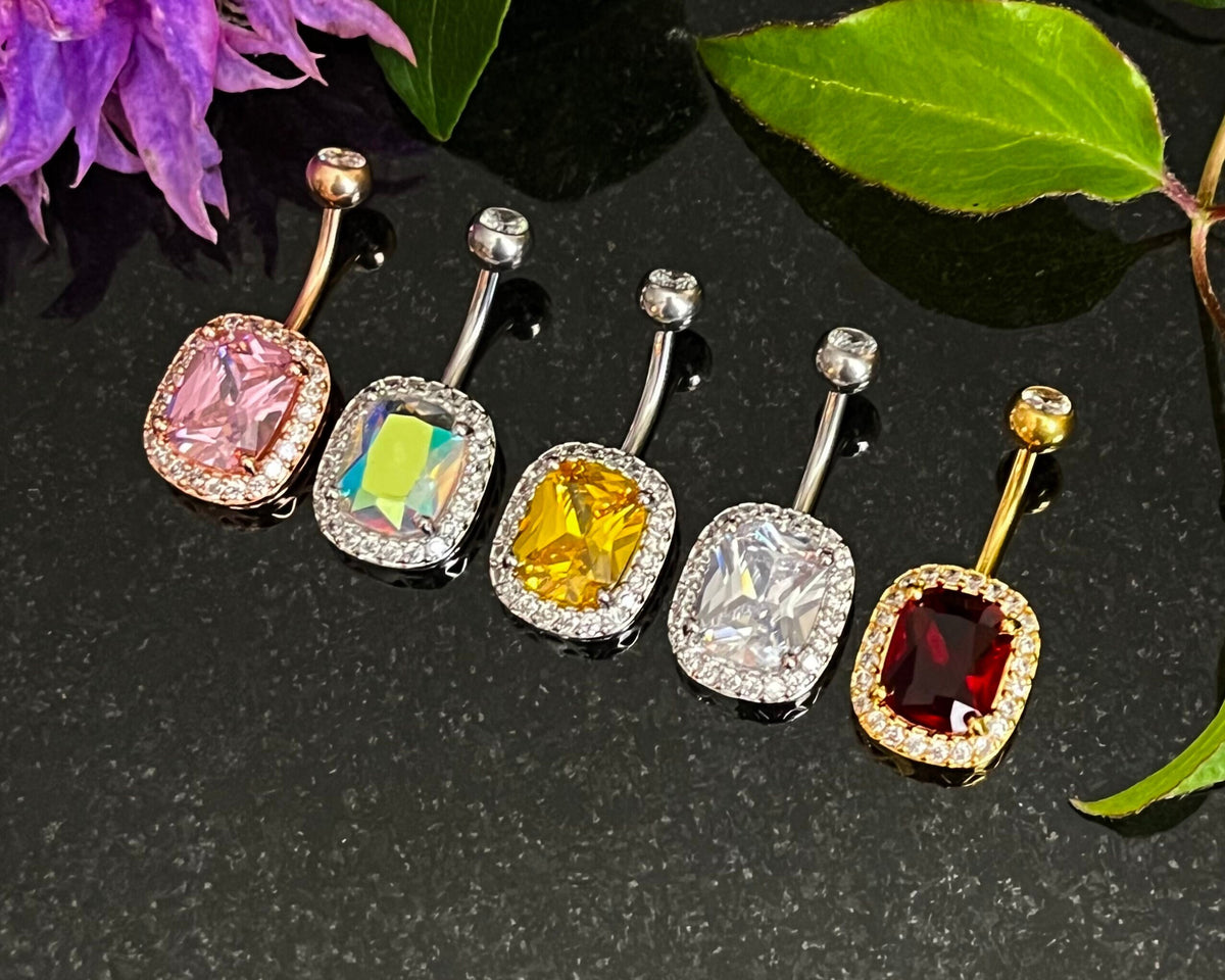 1 Piece Brilliant Prong Set Oval Cubic Zirconia Gem Surrounded by CZ Gems Navel/Naval Belly Ring - 14g - Available in a Variety of Colors!