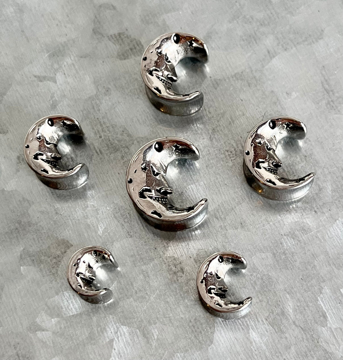 PAIR of Unique Face of the Moon Saddle Surgical Steel Ear Spreaders Hanger-Tunnels/Plugs - Gauges 0g (8mm) thru 16mm available!