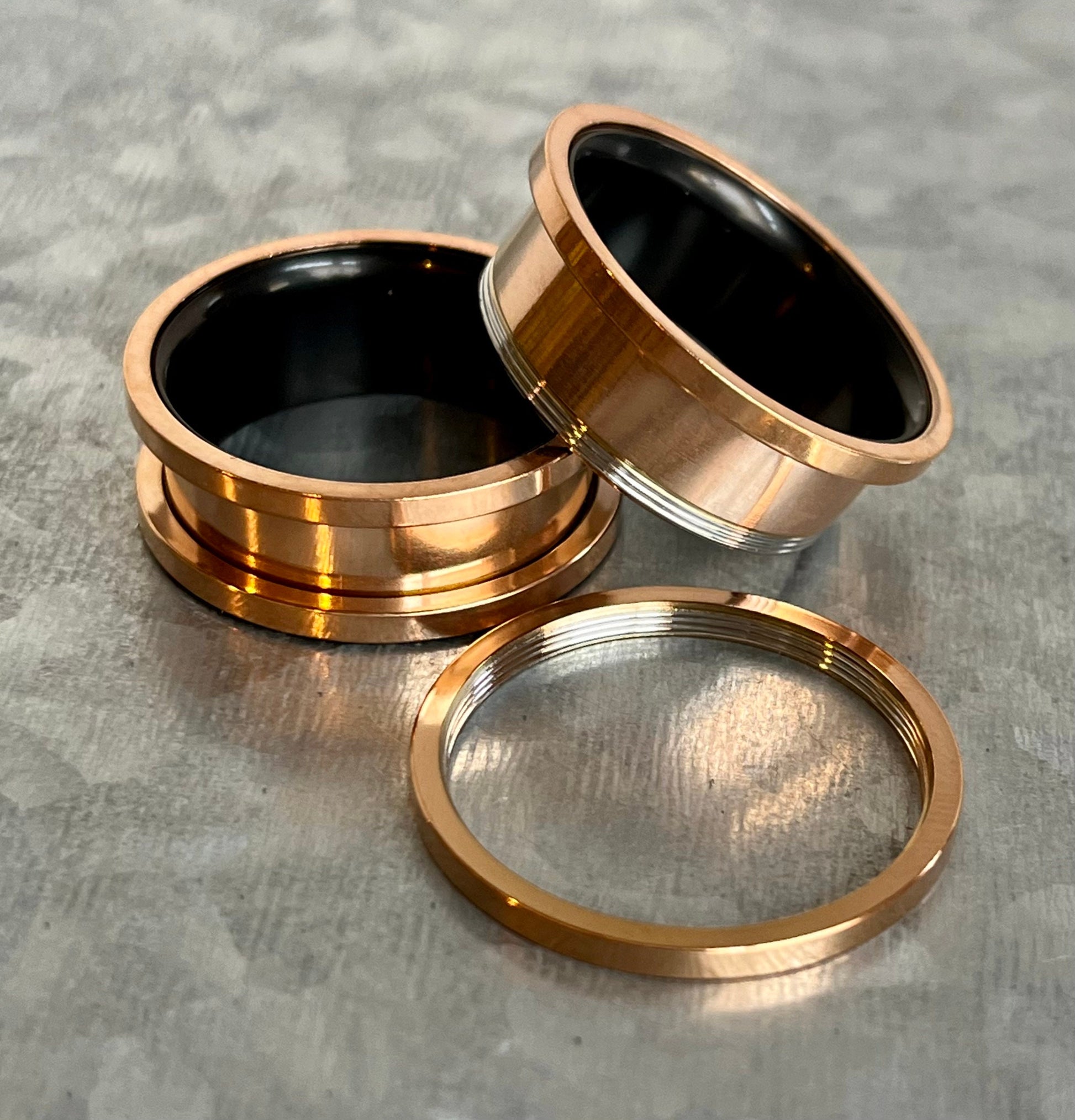 PAIR of Stunning Rose Gold with Black Interior 316L Steel Screw Fit Tunnels/Plugs - Gauges 2g (6mm) thru 1" (25mm) available!