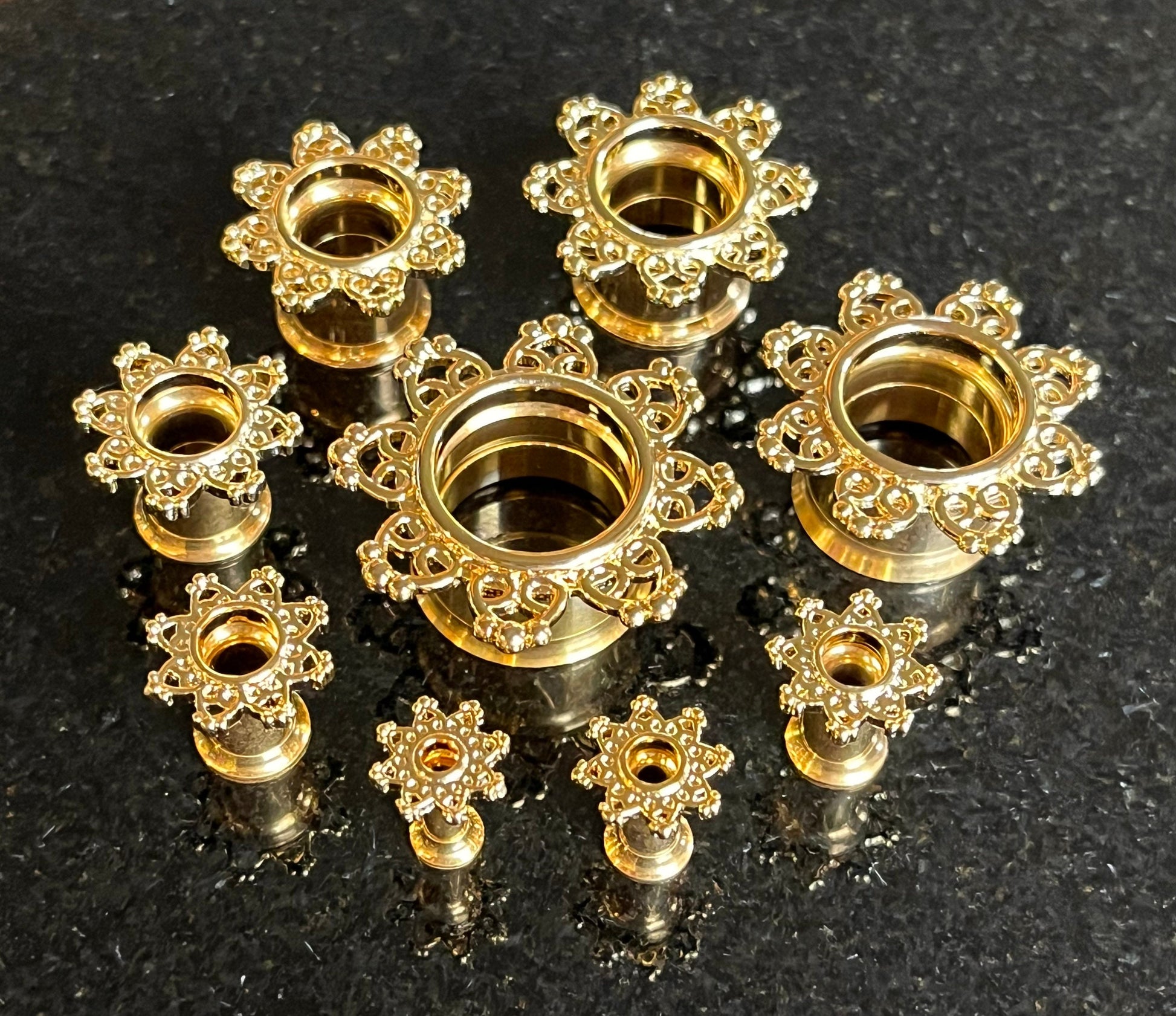 PAIR of Unique Gold Tribal Hearts Filigree Internally Threaded Double Flare Tunnels - Gauges 8g (3mm) thru 5/8" (16mm) available!