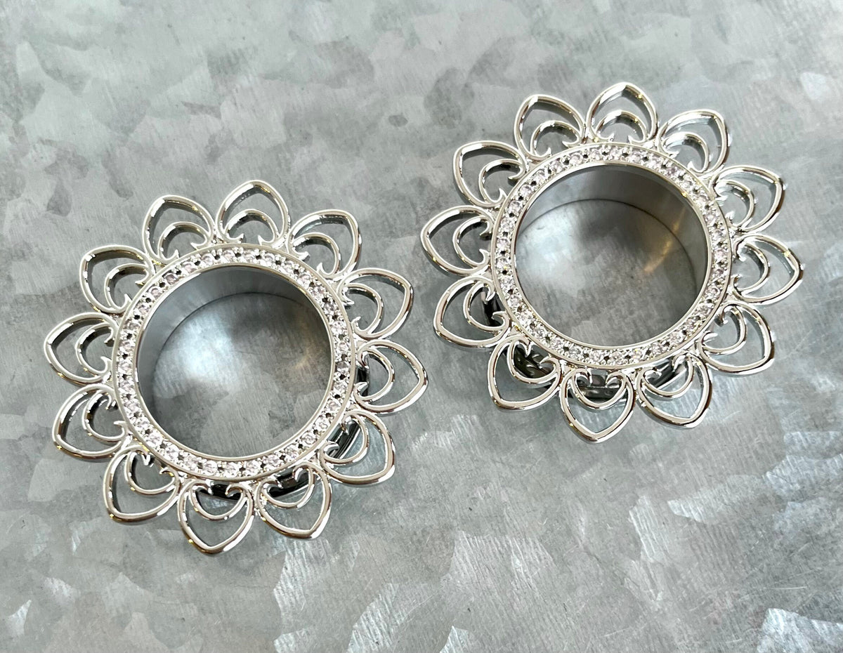 PAIR of Unique Heart Filigree Gem Paved Steel Screw Fit Tunnels/Plugs - Gauges 2g (6mm) thru 1" (25mm) available!