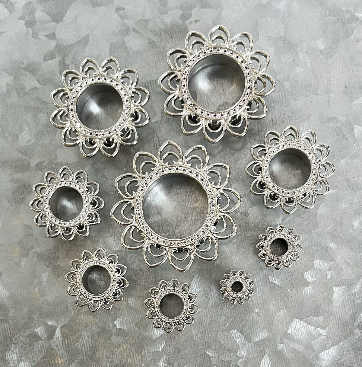 PAIR of Unique Heart Filigree Gem Paved Steel Screw Fit Tunnels/Plugs - Gauges 2g (6mm) thru 1" (25mm) available!
