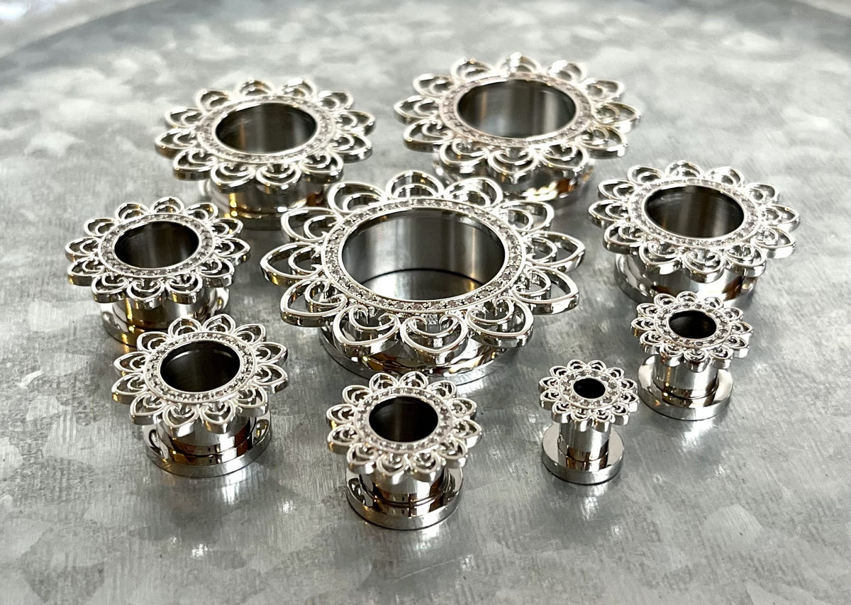 PAIR of Unique Heart Filigree Gem Paved Steel Screw Fit Tunnels/Plugs - Gauges 2g (6mm) thru 1" (25mm) available!