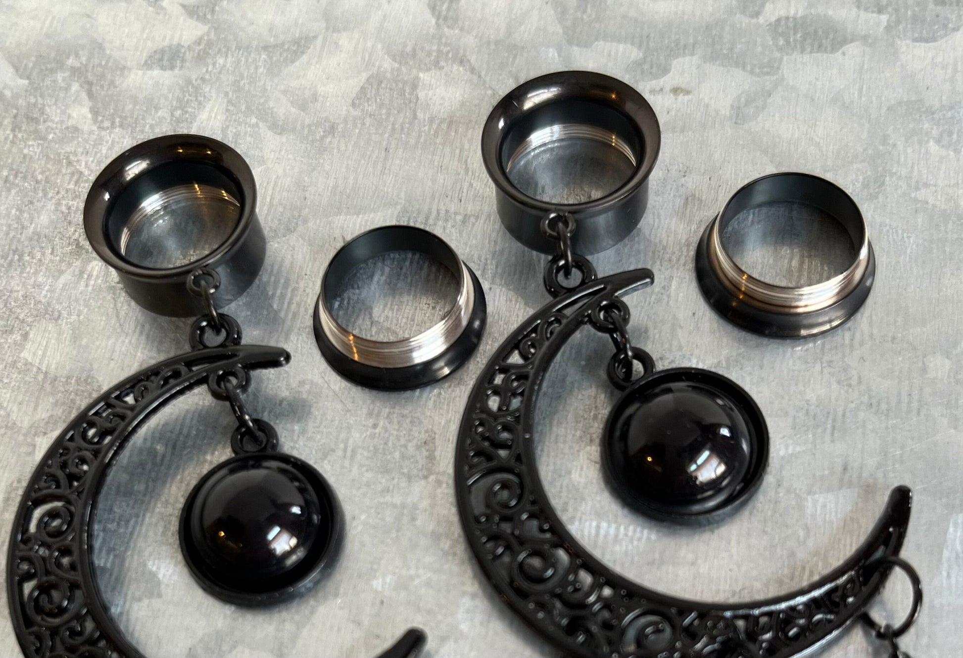 PAIR of Unique Black Filigree Moon Dangle Internally Threaded Dangle Screw Fit Tunnels -Gauges 2g (6mm) thru 1" (25mm) Available!