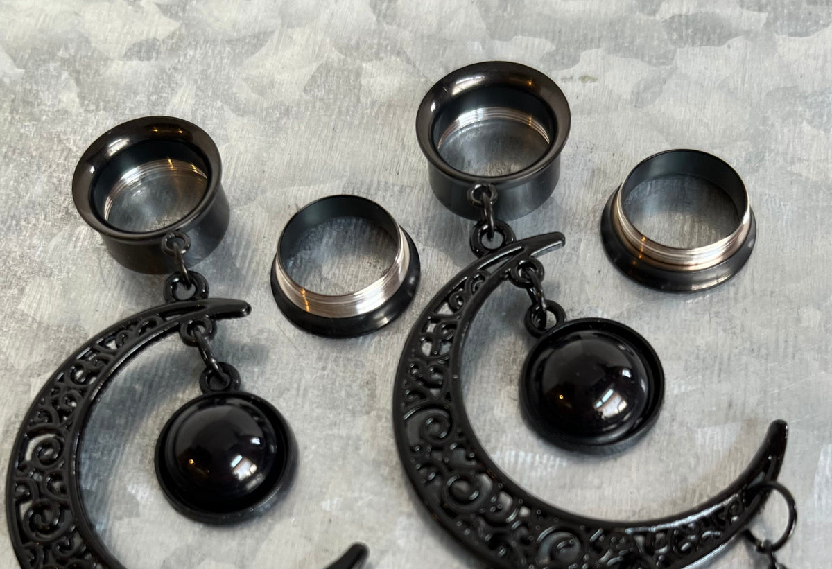PAIR of Unique Black Filigree Moon Dangle Internally Threaded Dangle Screw Fit Tunnels -Gauges 2g (6mm) thru 1" (25mm) Available!
